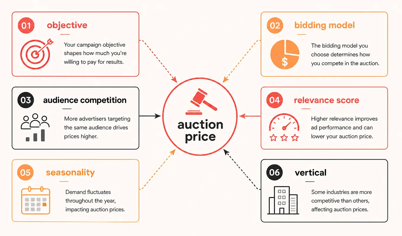 Auction Cost Factors Diagram illustrating six factors that set Facebook ad auction price