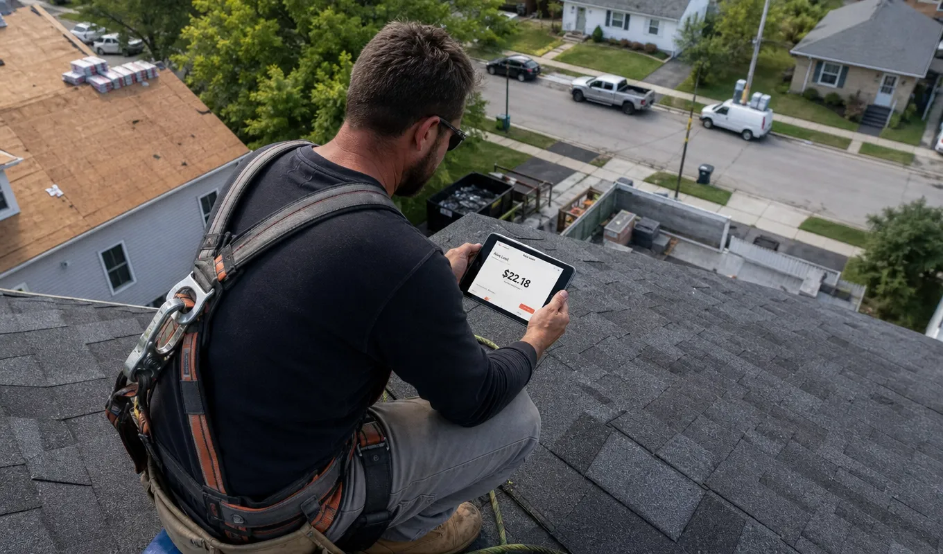 Rooftop ROI Check Roofing contractor checking lead cost data on a rooftop tablet