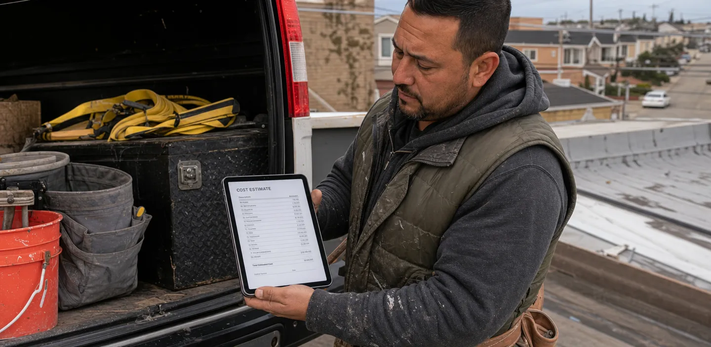Costing the Build Contractor reviewing website cost estimate on a job site tablet