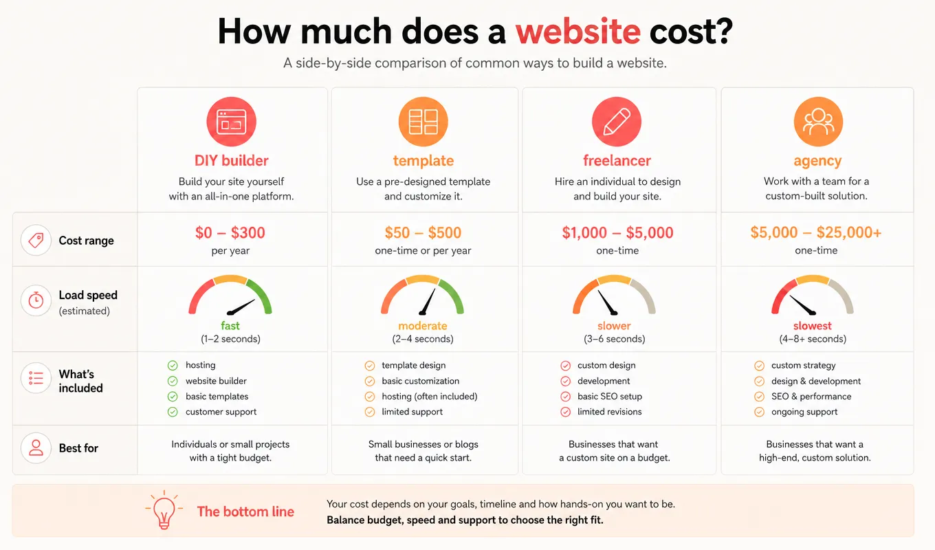 Four Build Routes Chart comparing DIY, template, freelancer, and agency website costs
