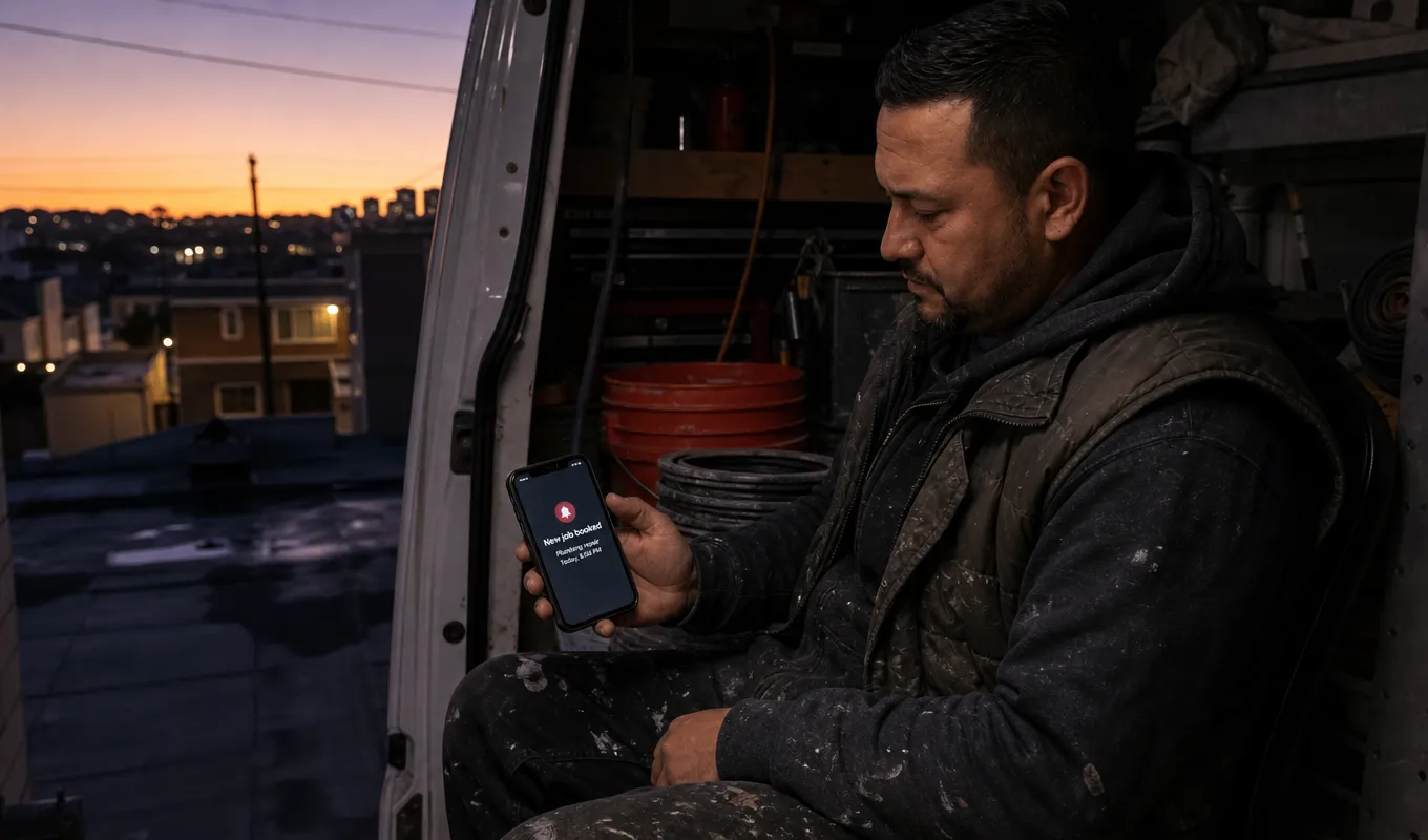The Payback Technician checking a new job alert on a phone at dusk