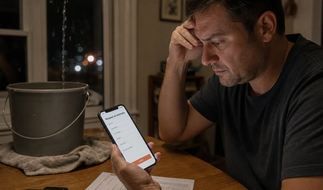 The 9pm Search Homeowner filling out an estimate form on a phone at night