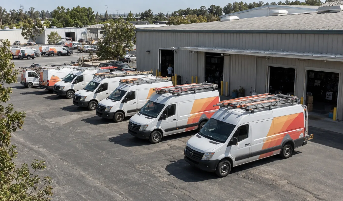 Fleet of home service vans lined up outside a company yard